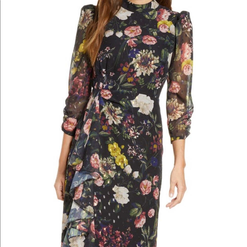 Eliza J NWT Eliza J Floral Ruffle Asymmetrical High Neck Sheer Sleeves